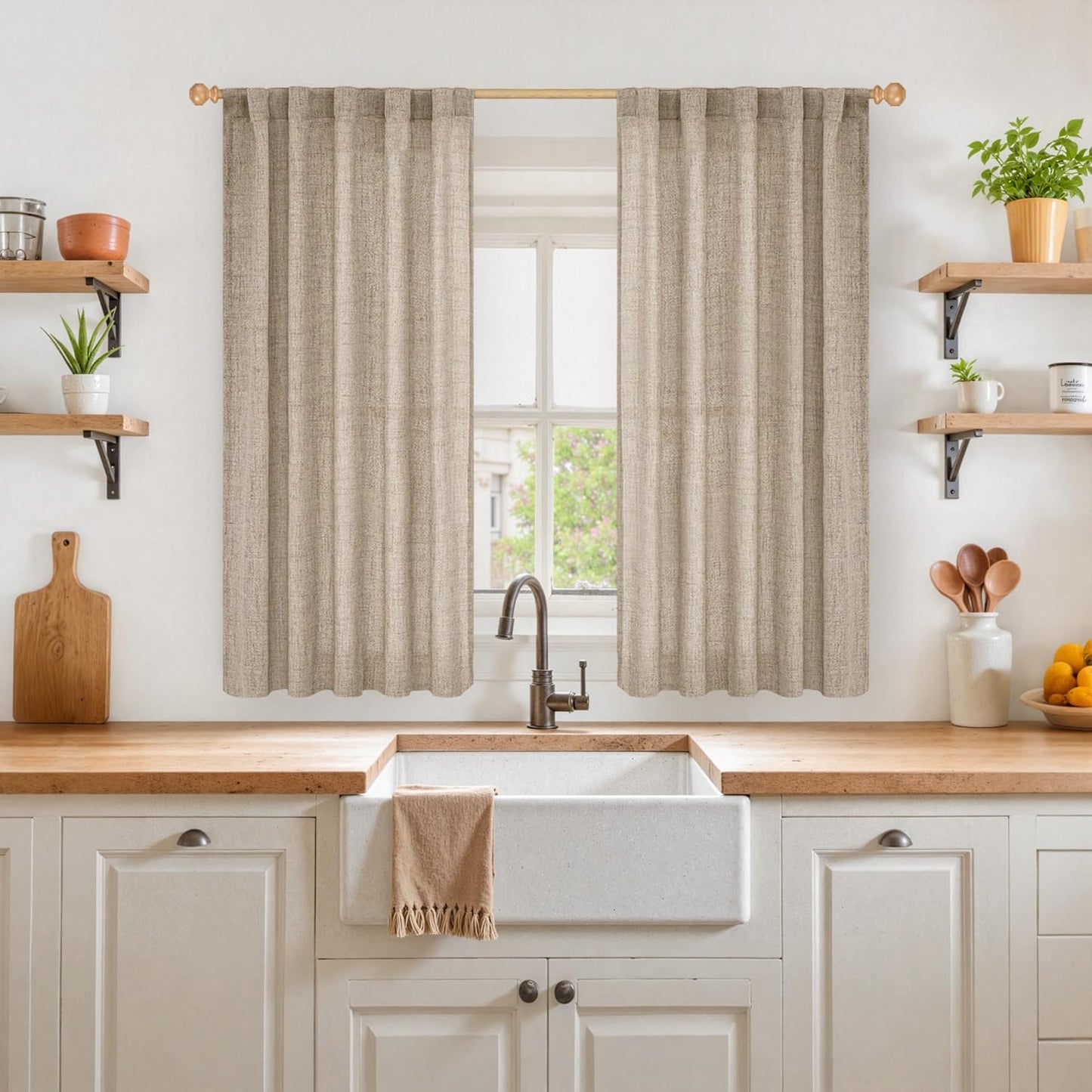 YoungsTex Dark Oatmeal Linen Curtains 45 Inch Length for Short Window, Tan Semi Sheer Drapes with Rod Pocket Back Tab Textured Light Filtering for Bathroom Bedroom, 2 Panels, 42 X 45 Inch