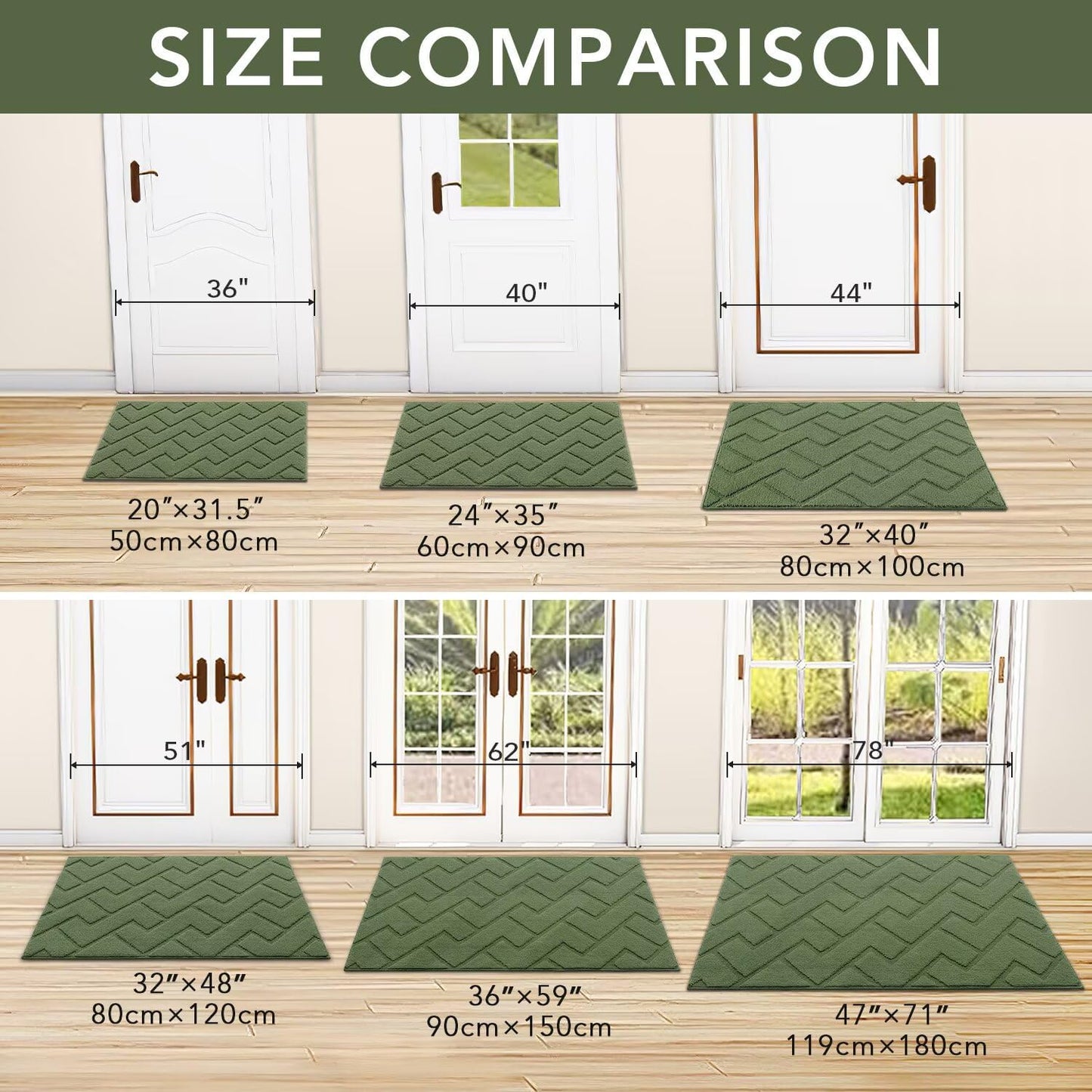 hicorfe Indoor Doormat,Front Back Door Mat Rubber Backing Non Slip Door Mats 20"x48" Absorbent Resist Dirt Entrance Doormat Inside Floor Mats for Entryway Washable Low-Profile(Green)