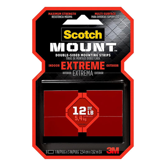 Scotch Extreme Mounting Strips, Double-Sided Heavy Duty Tape, 8 Strips, 1 in x 3 in, Use Instead of Nails or Screws, Works on Painted surfaces, Metals, Acrylic, Hard Plastics and More (414H-ST)