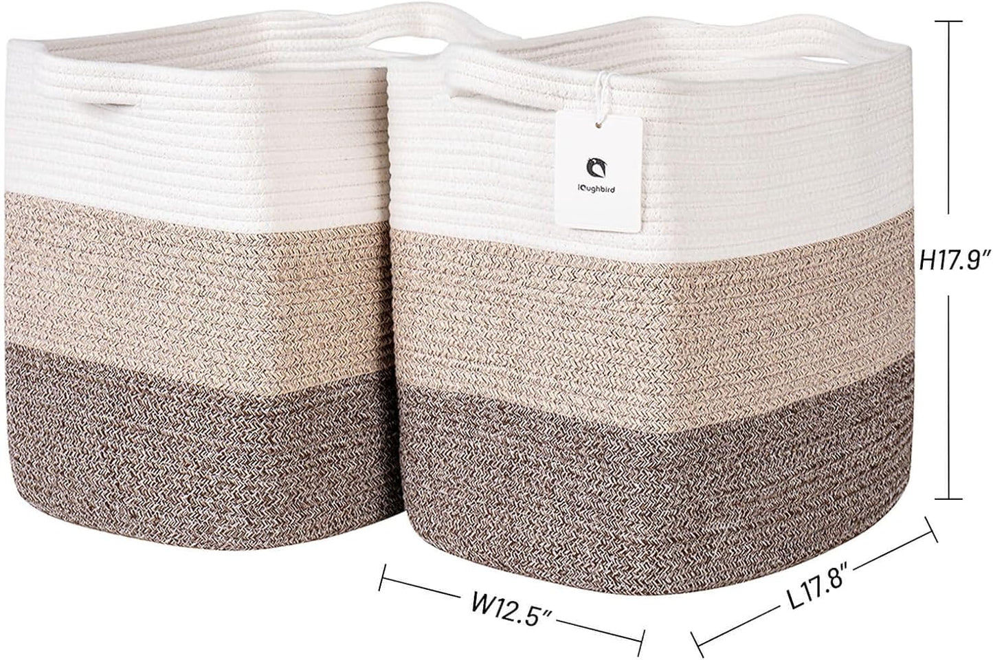 Storage Baskets for Clothes Fabric Cotton Rope Storage Basket with Handles, Decorative Woven Basket for Living Room,Closet Organizer Blankets, and 2bags (Gradient Brown, L17.8×W12.5×H17.9)