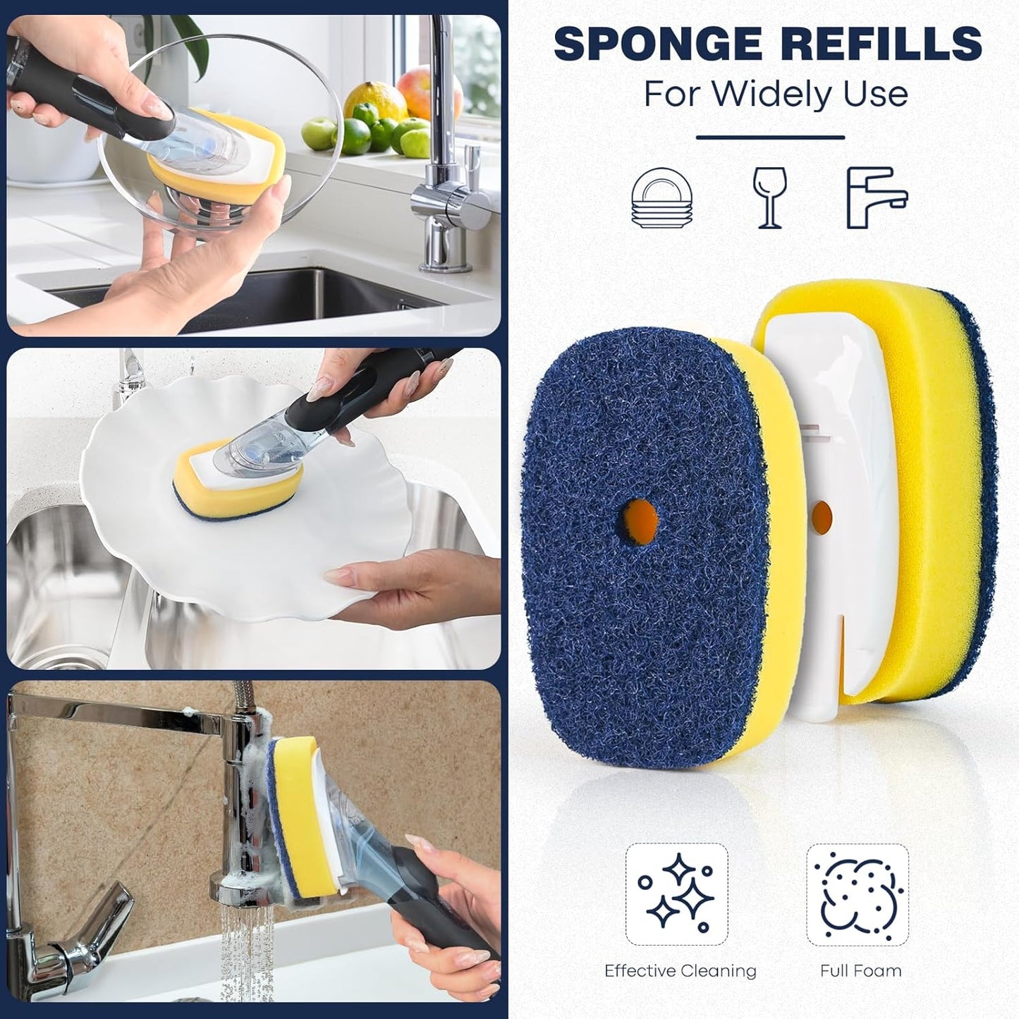 Sponge Brush Refills for OXO Dish Brush, 4 Pack Soap Dispensing Dish Refills, Scrub Replacement Head for Scrubber, Sponge Replacement Head Fits Soap Dispensing Handle