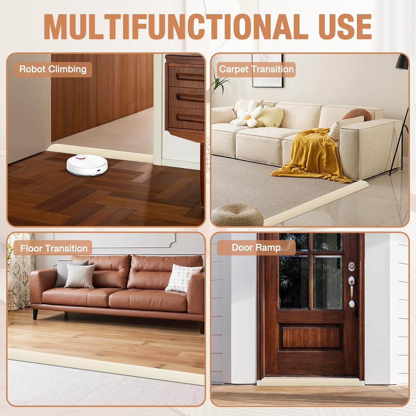 Floor Transition Strip Self Adhesive Vinyl Door Threshold for Doorways Carpet Edging Trim Overlap Edge Reducer for Laminate Floor, Carpet, Tile (Beige Wood Grain, 3/5" to 4/5", 10Ft)