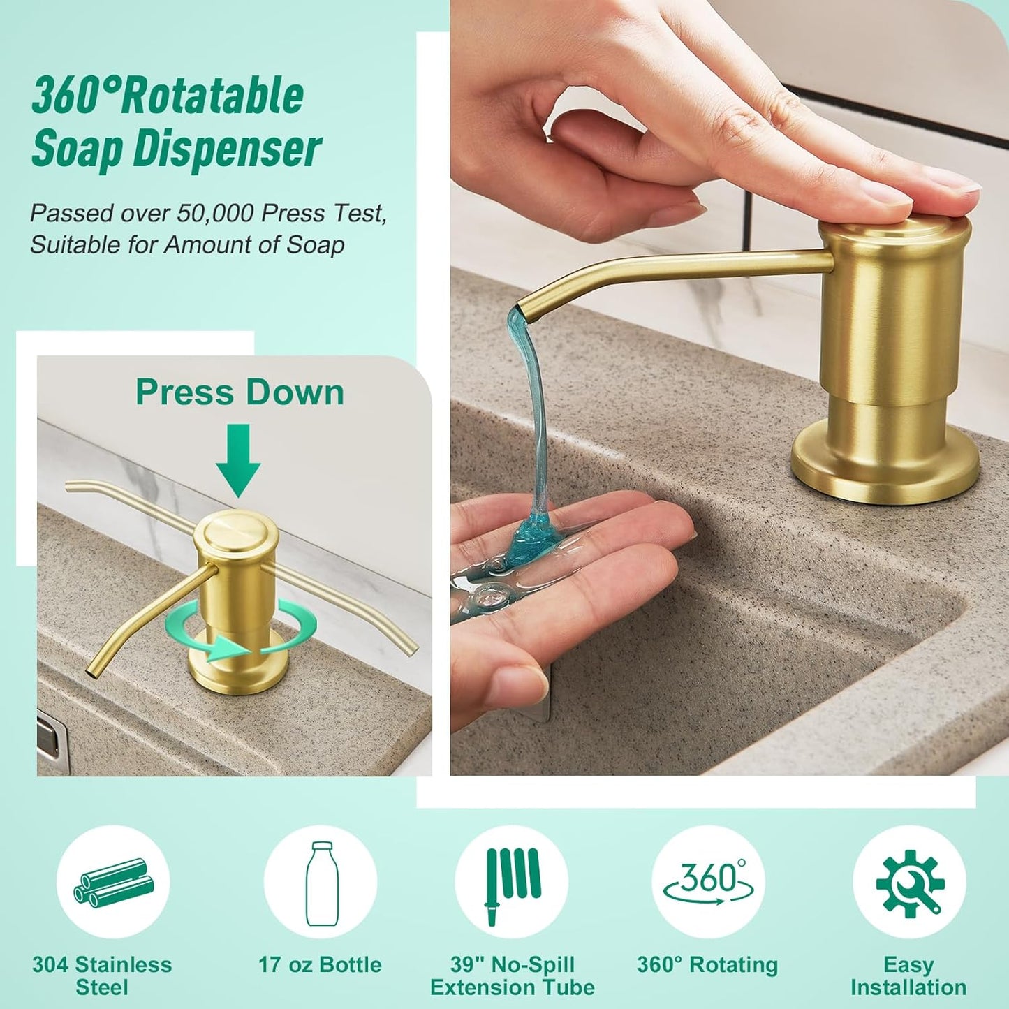 CREA Brushed Gold Kitchen Soap Dispenser Countertop Soap Dispenser for Kitchen Sink, Built in Sink Soap Dispenser for Bathroom with 39" Tube Large Capacity 17 OZ Bottle
