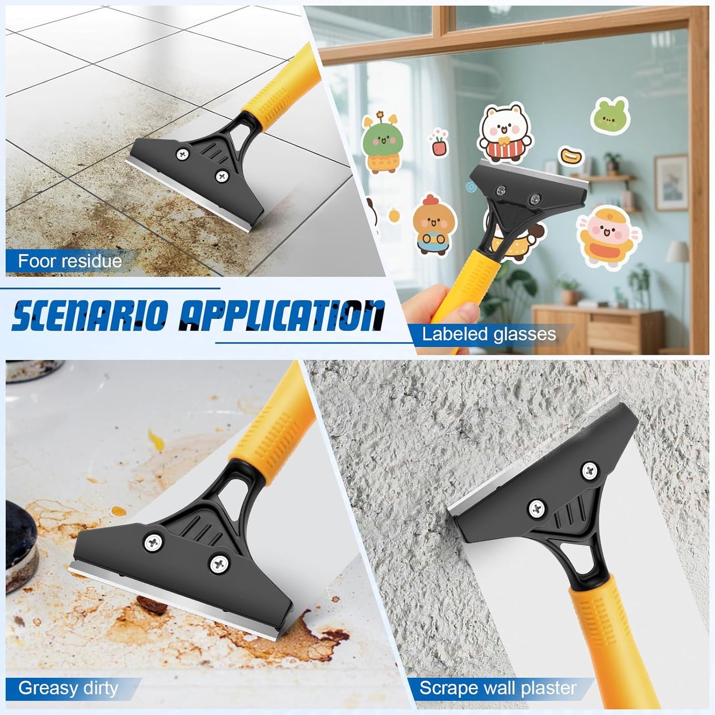 Floor Scraper Heavy Duty with Long Handle, 4 Inch Razor Blade Floor Scraper with 10PCS Extra Metal Blades,Paint Scrapers for Cleaning Wall Glass Tile Floor Paint Gum Stains Stickers Linoleum