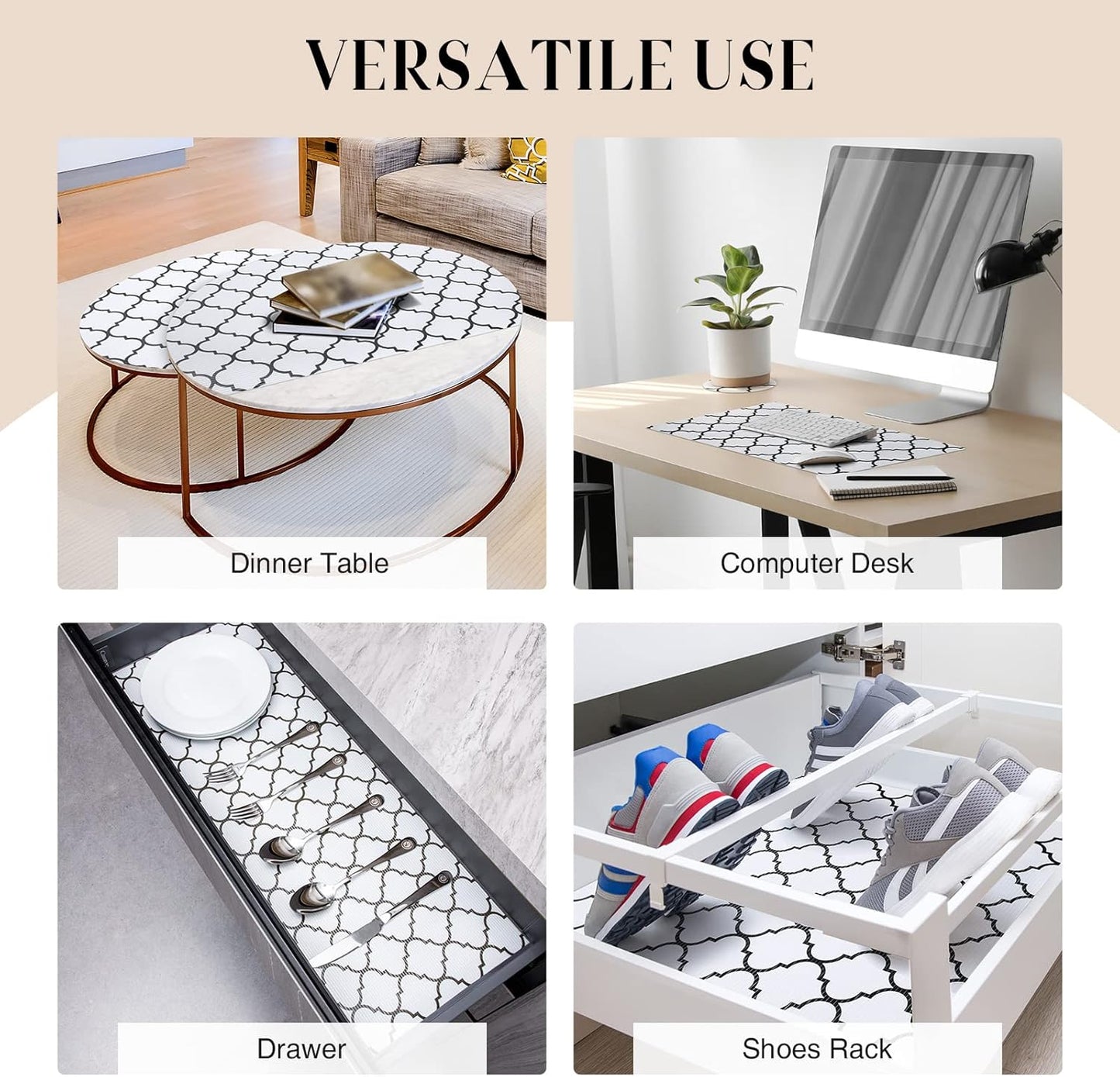 Glotoch 17.5"X 96" Shelf Liners for Kitchen Cabinets-Non Adhesive Cabinet Liners for Shelves, Waterproof Drawer Liner for Kitchen Fridge/Wire Shelf/Bathroom, Pantry, Durable, Non Slip, White And Balck