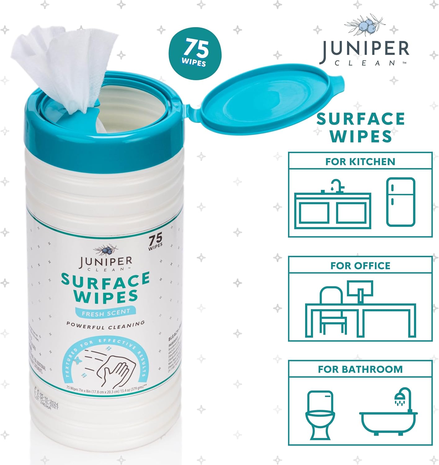 1 Pack Surface Cleaning Wipes Bleach Free, All-Purpose Cleaner for Bathroom, Kitchen, Office, 75 Count Canister, 7.5" x 7" Sheet, Fresh Scent, Lint Free & Durable