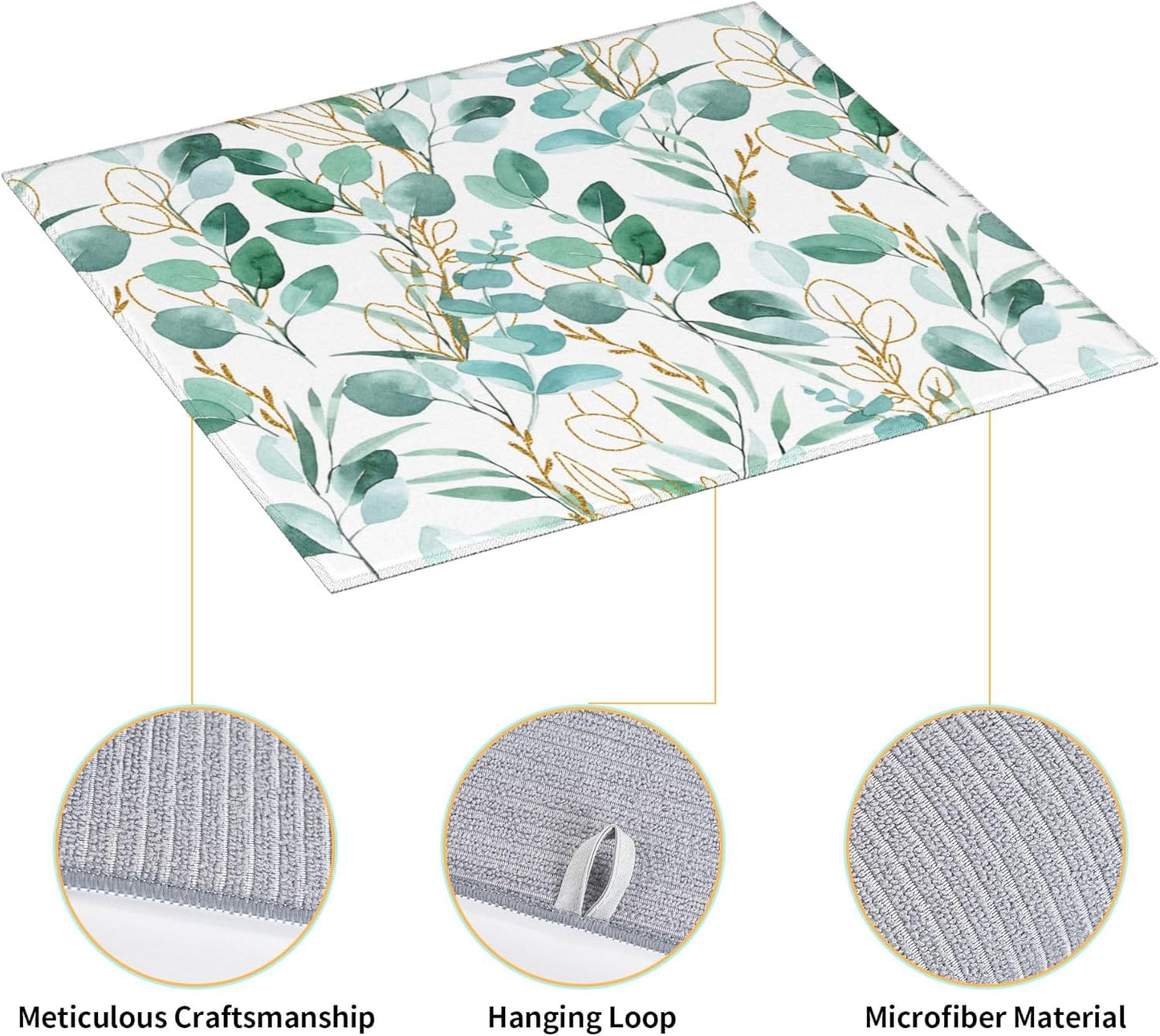 Sage Green Leaves Dish Drying Mat for Kitchen Counter Cute Botanical Dish Drainer Rack Mats 16"x18" Absorbent Reversible Drying Pad Spring Summer Kitchen Decor