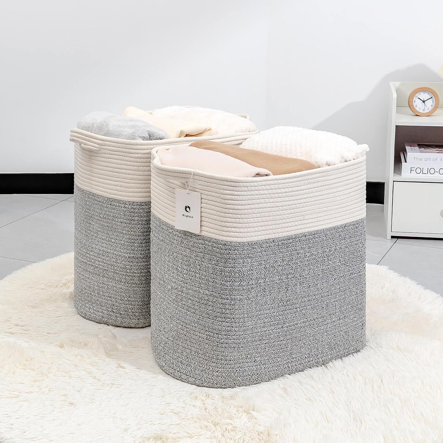 Storage Baskets for Clothes Fabric Cotton Rope Storage Basket with Handles, Decorative Woven Basket for Living Room,Closet Organizer Blankets, and 2bags (Silver Gray, L17.8×W12.5×H17.9)