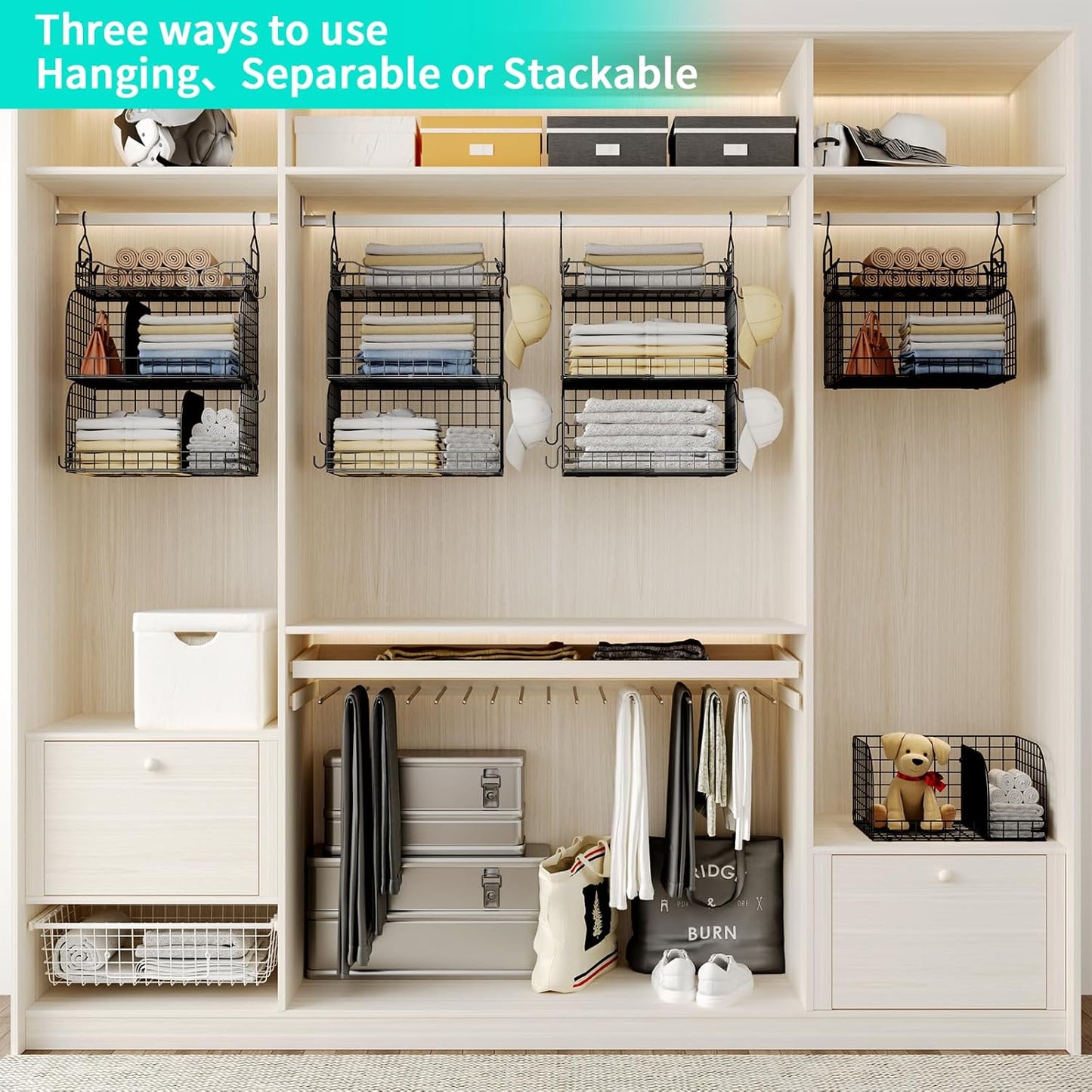 HapiRm Hanging Closet Organizer Storage - 3 Tier Metal Stackable Hanging Closet Shelves with Dividers and S Hooks, Foldable Clothes Shelves for Clothes, Pants, Shoes, Coat, Hats Clutches Accessories