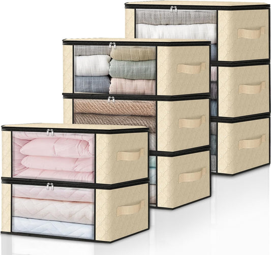 HomeHacks Storage 8-Pack Clothes Organizer Storage Bags Foldable Storage Box with Large Clear Window Sturdy Handles for Closet, Dorm, Pillows, Bedding, Clothes, Blankets, 35L, Beige