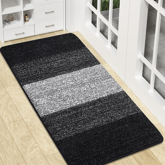 Kitinjoy Indoor Outdoor Door Mat, 47x20 Non-Slip Absorbent Dirt Trapper, Low-Profile Washable Inside Entrance Front Floor Mat, Sturdy Soft Entry Doormats for Entryway, Black