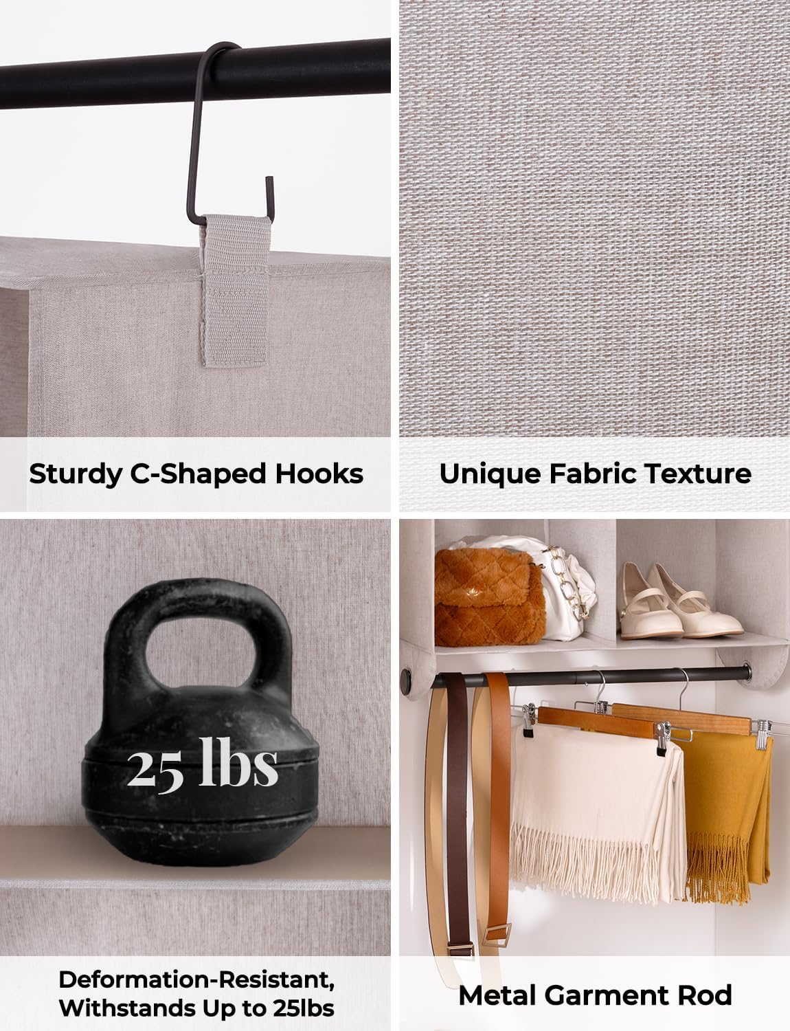 StorageWorks Hanging Closet Organizer with Metal Rod, 4-Section Closet Organizers and Storage, Collapsible Hanging Shelves for Wardrobe Organizer, Nursery, Bedroom, Light Khaki