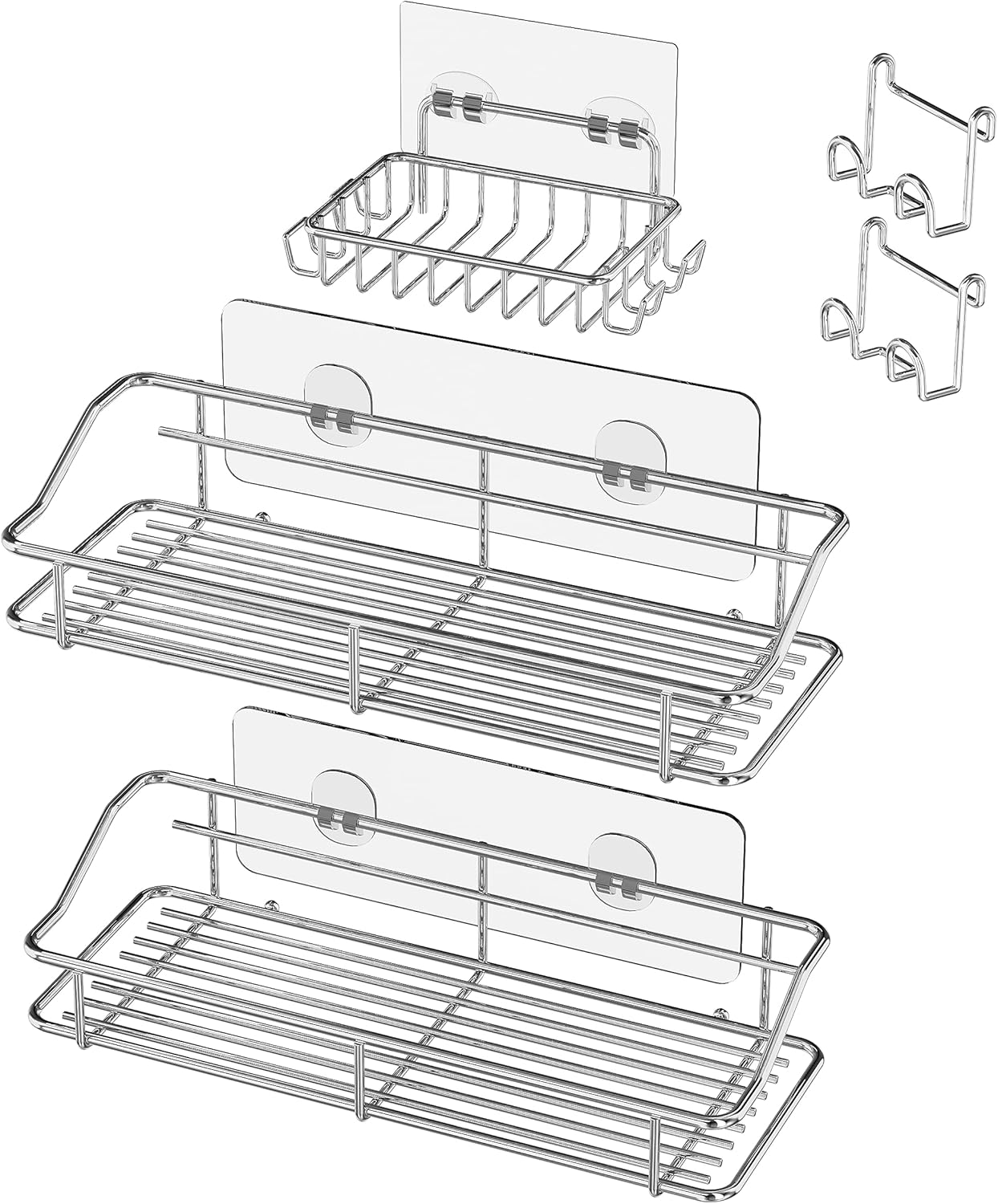 Nieifi Shower Caddy Shelf with Hooks Storage Rack Organizer Adhesive Stainless Steel without Drilling for Bathroom, Lavatory, Washroom, Restroom, Shower, Toilet, Kitchen (Sliver, 3 Pack)