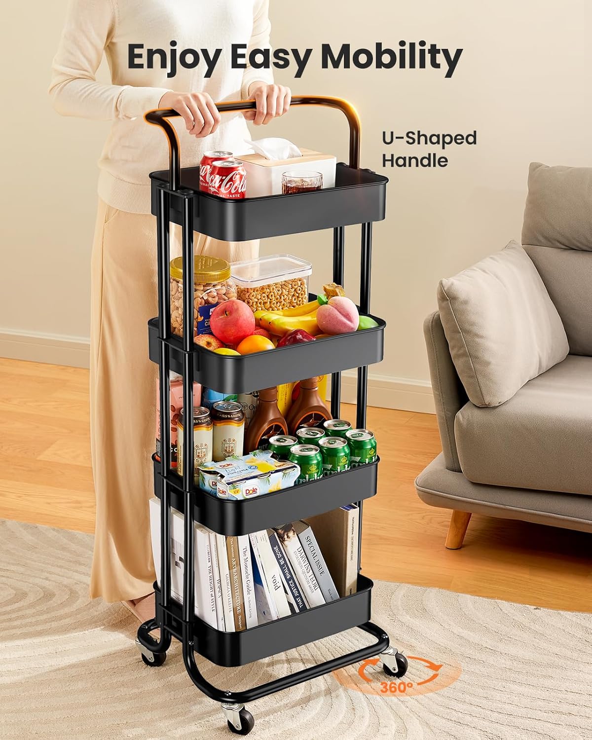 Pipishell 4 Tier Mesh Utility Cart, Rolling Metal Organization Cart with Handle and Lockable Wheels, Multifunctional Storage Shelves for Kitchen Living Room Office White, PIUC12W