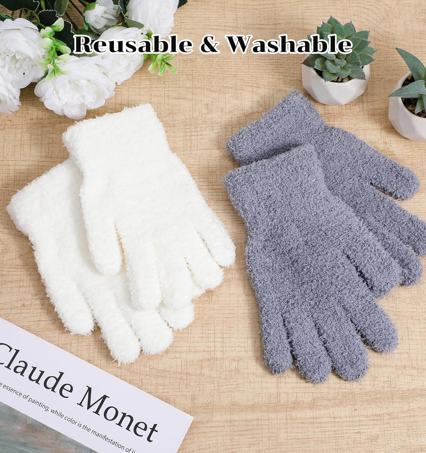 Microfiber Gloves for Plant Dusting, 4Pcs Reusable Washable Microfiber Plant Cleaning Dusting Gloves for Indoor House Plants Kitchen Car Blinds Lamps, Grey & White 2 Pairs
