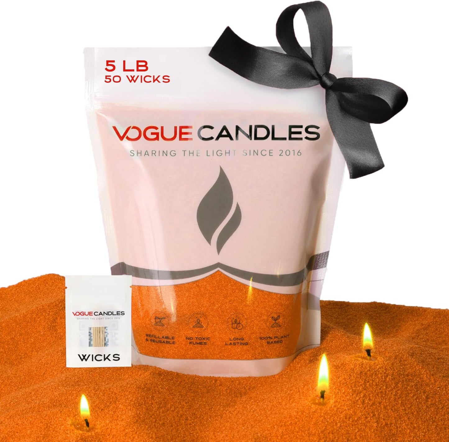 Vogue Candles 5LB Candle Sand with 50 Wicks for Custom Candle Making | Bulk Refillable Plant-Based Granules | Unscented, Clean Burn, Smoke-Free, Vegan Candle Refill Kit- Orange