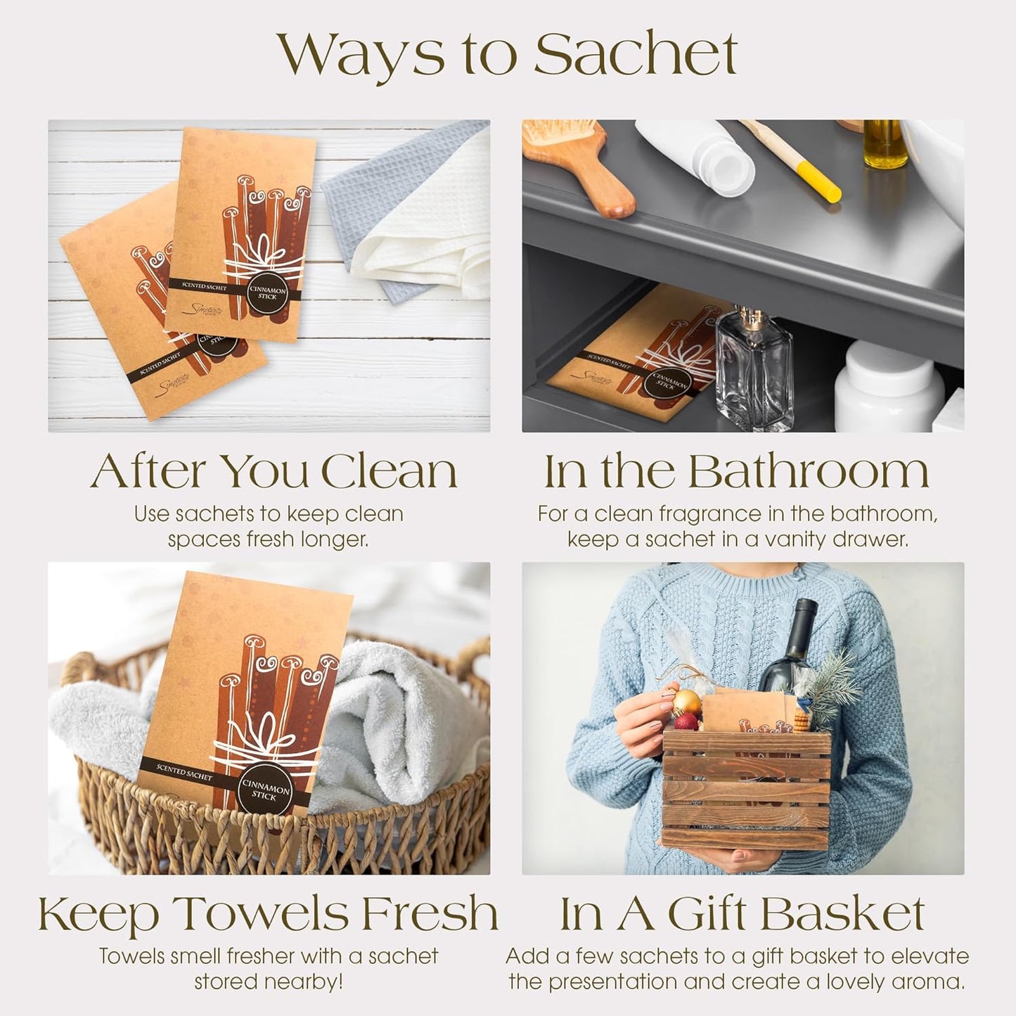 Simplicity Scents Cinnamon Sticks Scented Sachets Pack of 3, Fall & Winter - Long-Lasting Scented Bags, Home Fragrance, Air Freshener & Deodorizer for Closet, Room, Drawer, or Cars, Made in The USA