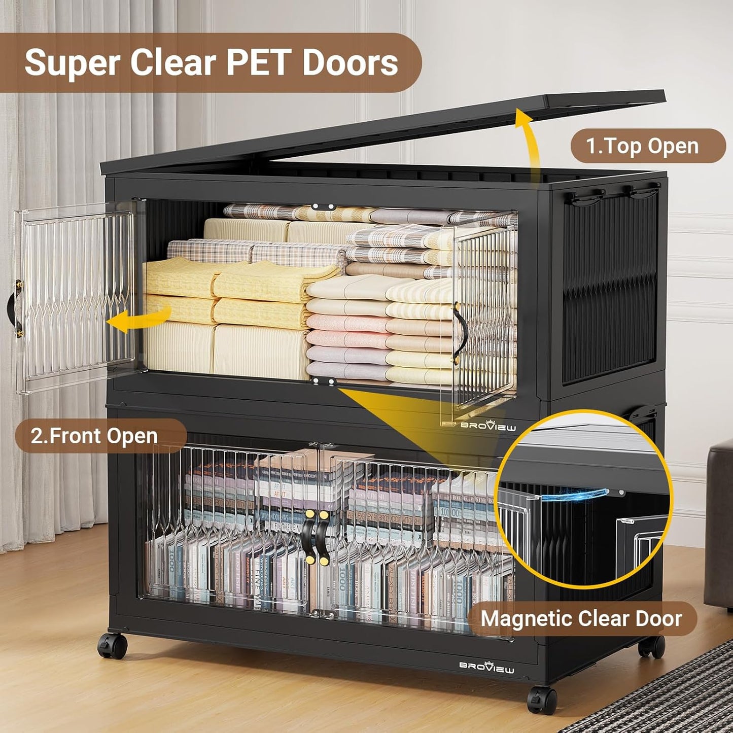 BROVIEW 800Qt Extra Large Stackable Storage Bins with Lid, Closet Organizer Collapsible Drawer Boxes with Wheels, Folding Plastic Cabinet Containers for Home Kitchen Room Organization, 4Pack Black