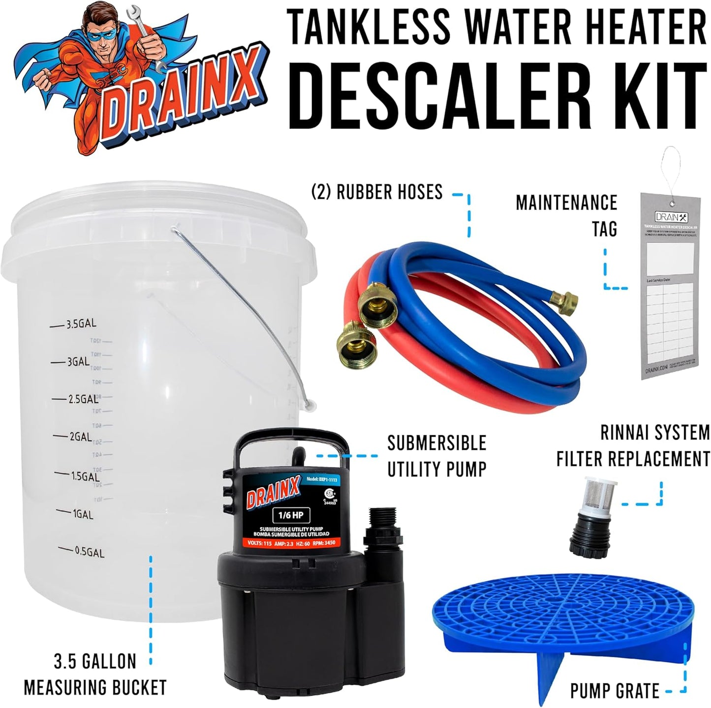 DrainX Tankless Water Heater Flushing Kit Includes Pump, Hoses, Bucket, Maintenance Log, and Replacement Filter for Rinnai Systems – Just Add Vinegar or our Own Descaler