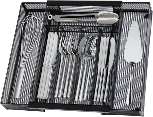 Silverware Organizer Metal Mesh, Drawer Organizer, Utensil Cutlery Tray for kitchen drawers,Expandable Flatware Organizer with 7 Compartment Black 9.4"~17.3" x 13.7"