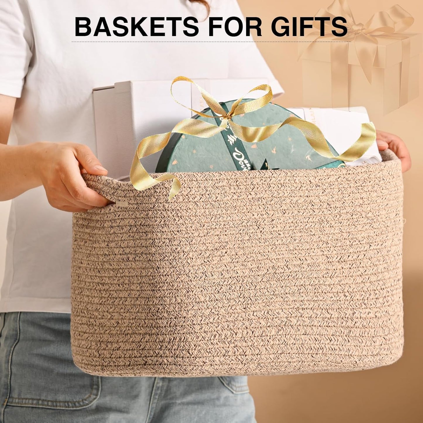 Woven Cotton Rope Storage Basket for Organizing, Cute Decorative Baskets for Gifts Empty, Organizer Bins for Dog Toy, Baby Laundry, 17“×13”×9.5“, Brown