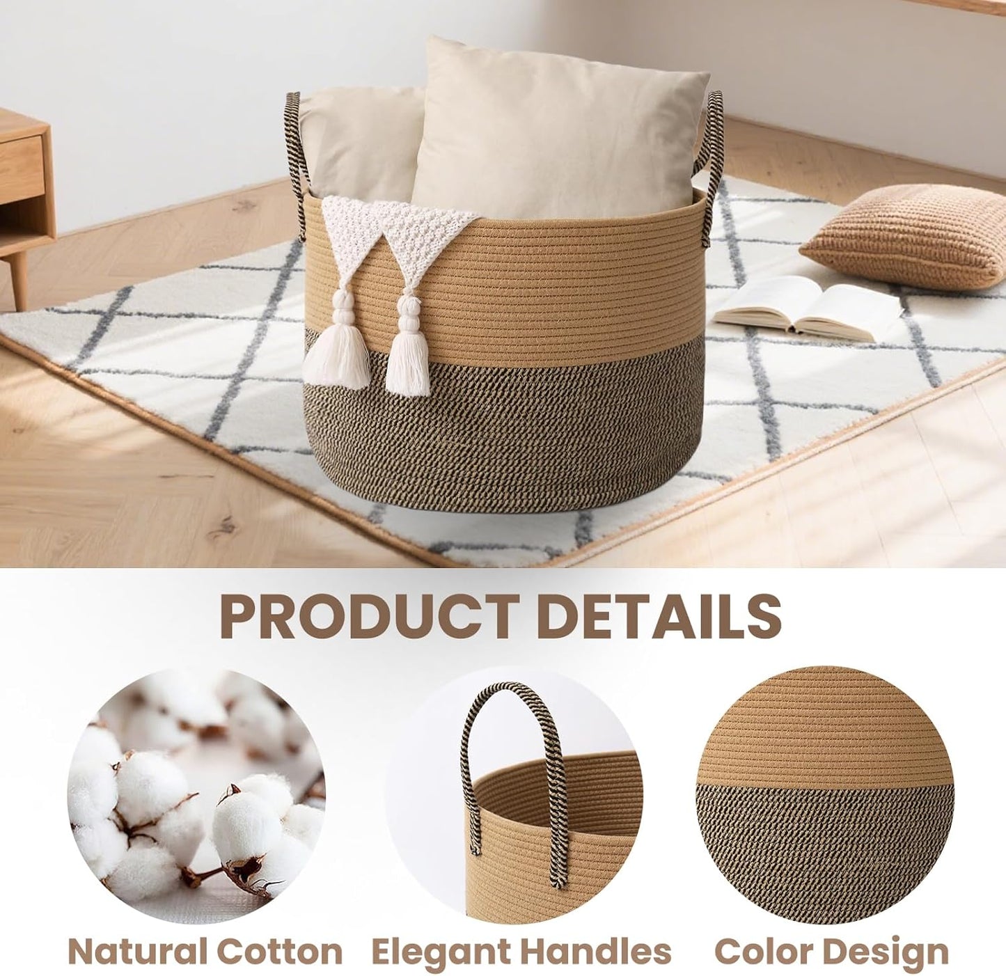 Woven Blanket Basket,65L Large Rope Storage Bin with Handles, Organizer for Blankets Toys Book and Clothes, Laundry Basket for Living Room Bedroom Nursery,Jute&Black