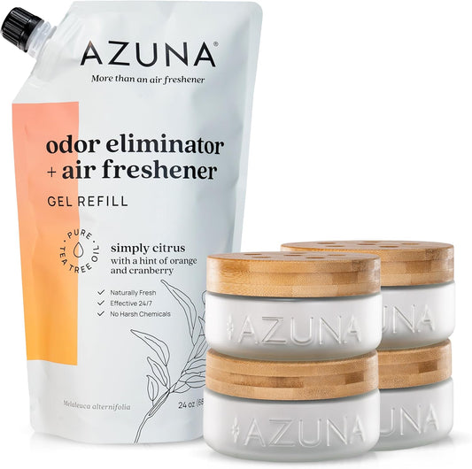 Azuna Air Freshener & Odor Eliminator for Strong Odor | 4 Room Kit Includes (4) Empty Luxe Glass Jar & 24oz Gel Refill with Tea Tree Essential Oil | Simply Citrus | Last 60-90 Days