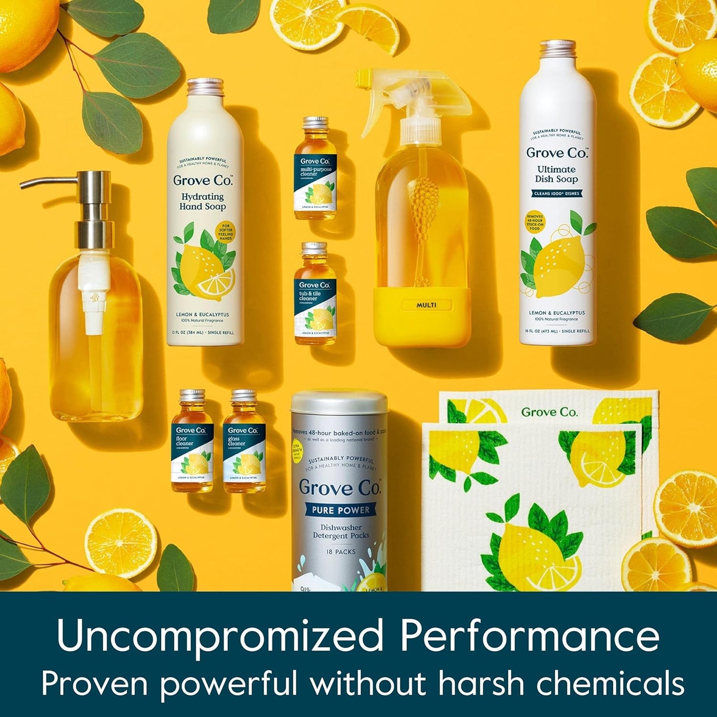 Grove Co. Multi-Purpose Cleaner, Refill Concentrate (6 x 1 Fl Oz) Plant-based Household Cleaning Supplies, Ammonia & Chlorine Free, No Plastic Waste, Lemon & Eucalyptus Scent, Total 3 x 2 Pack Refills