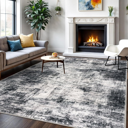 IOHOUZE Modern Abstract Area Rugs 6x9 Ft Washable Rugs for Living Room, Non Slip Dining Room Rug, Printed Faux Wool Rugs for Bedroom, Floor Carpet for Office Nursery Playroom, Black Grey