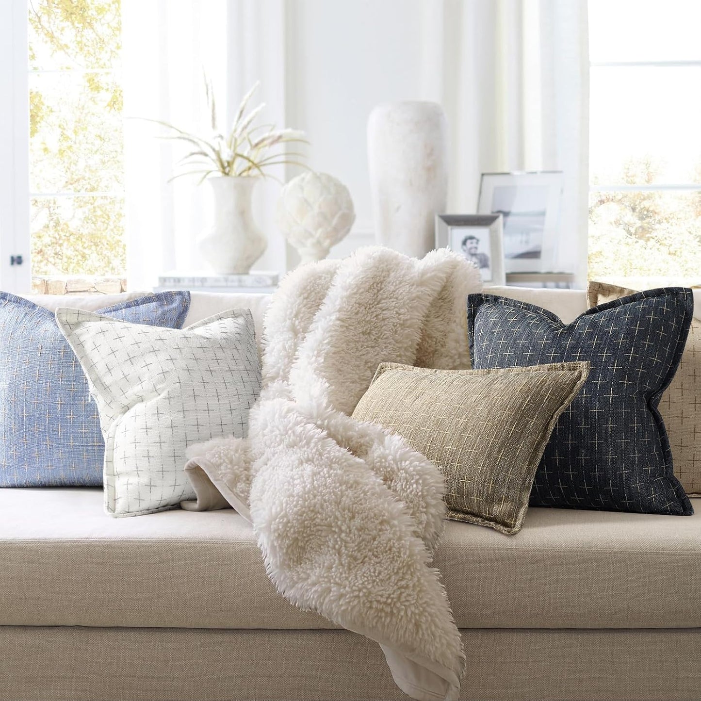 ZWJD Pillow Covers 18x18 Set of 2 Soft Polyester Textured Pillow Covers with Stylish Flange Edge Cozy Farmhouse Throw Pillows for Couch Bed Sofa Living Room