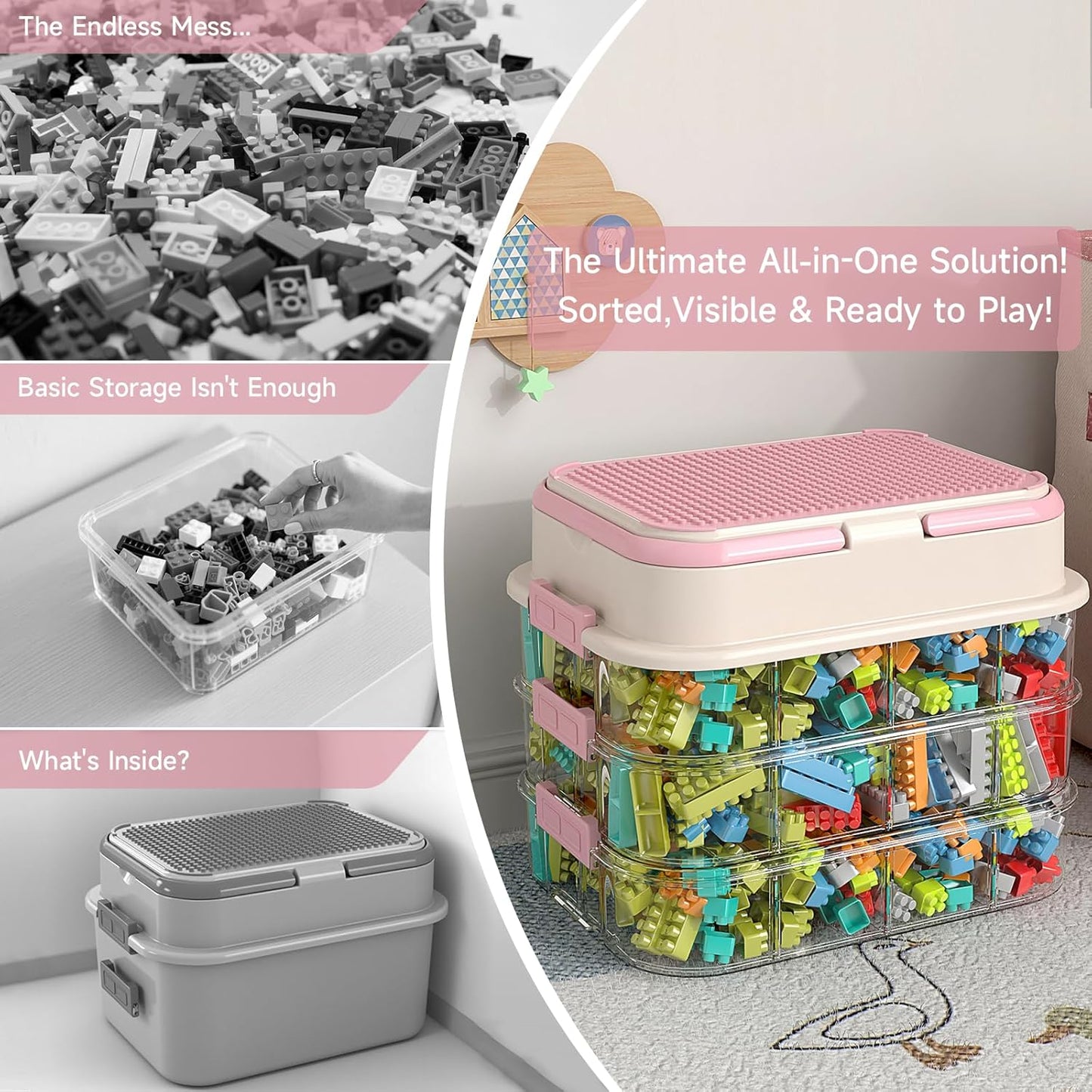 Toy Storage Organizer Box with Handle, Stackable Building Block Toy Box with Building Plate Lid & Removable Sorting Trays, Cubby Bins and Containers 3 Layer (Pink)