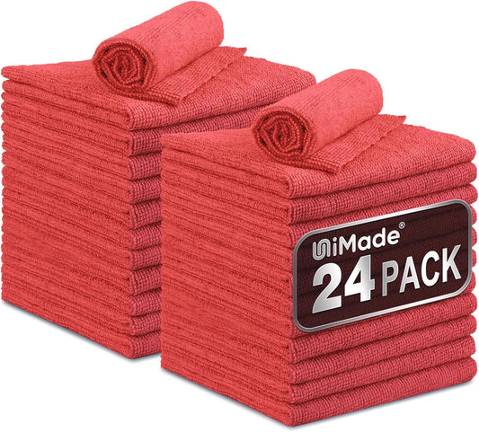 Shop Towels, 24 Pack Commercial Grade Shops Rags Microfiber Towel for Cars Cleaning Rags Bulk Clean Cloth for Automotive Bar Mechanic Restaurant Garage Housekeeping, 11.5"x 11.5", Red