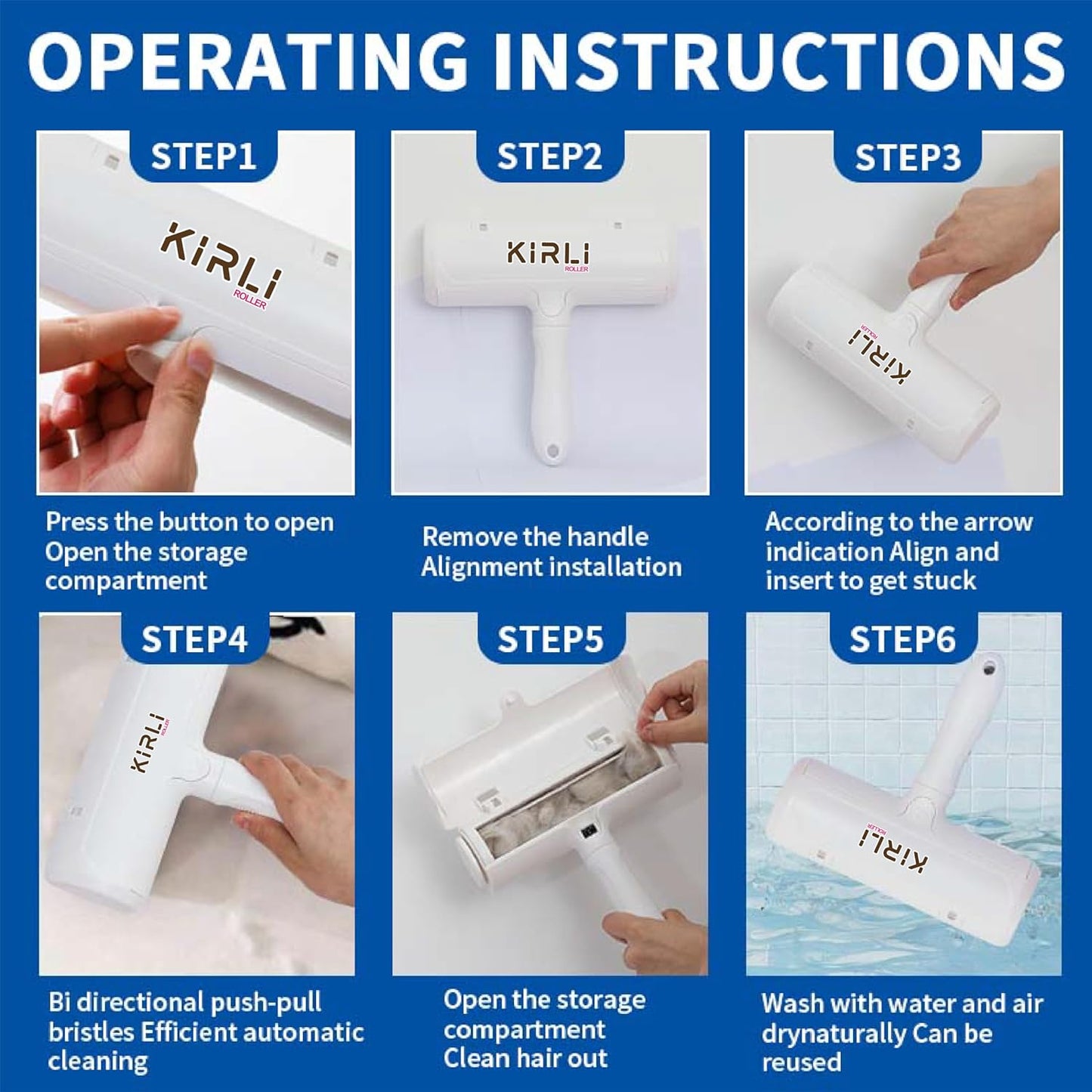 KIRLI Pet Hair Roller, Fur Remover Tool with Built-in Fur bin, Reusable Lint Roller for Pet Hair, Multi-Surface Furniture Clothing, Couch, Carpet, Bedding Cat and Dog Hair Remover (White)