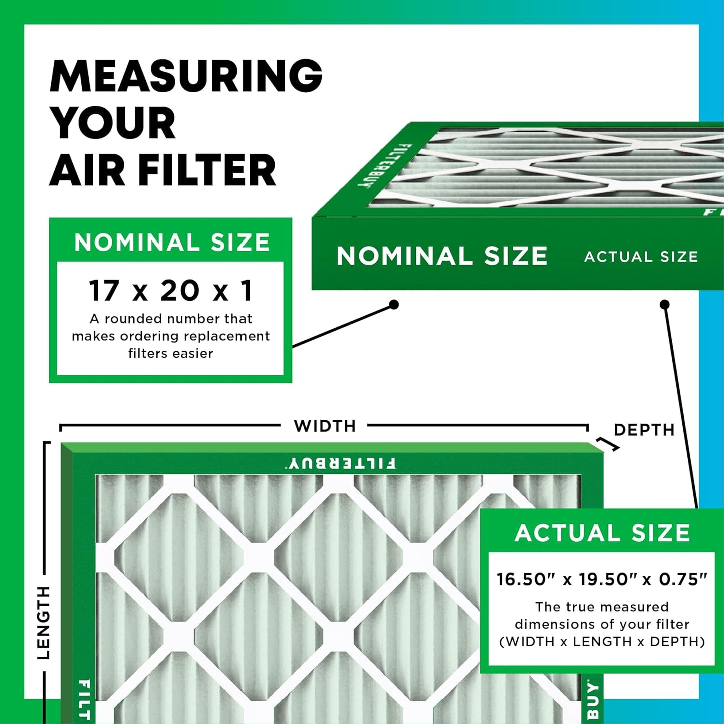 Filterbuy 17x20x1 Air Filter MERV 8 (MPR 700) Dust Defense Replacement (6-Pack), Electrostatic Pleated HVAC AC Furnace Filters, Made in USA (Actual Size: 16.50 x 19.50 x 0.75)