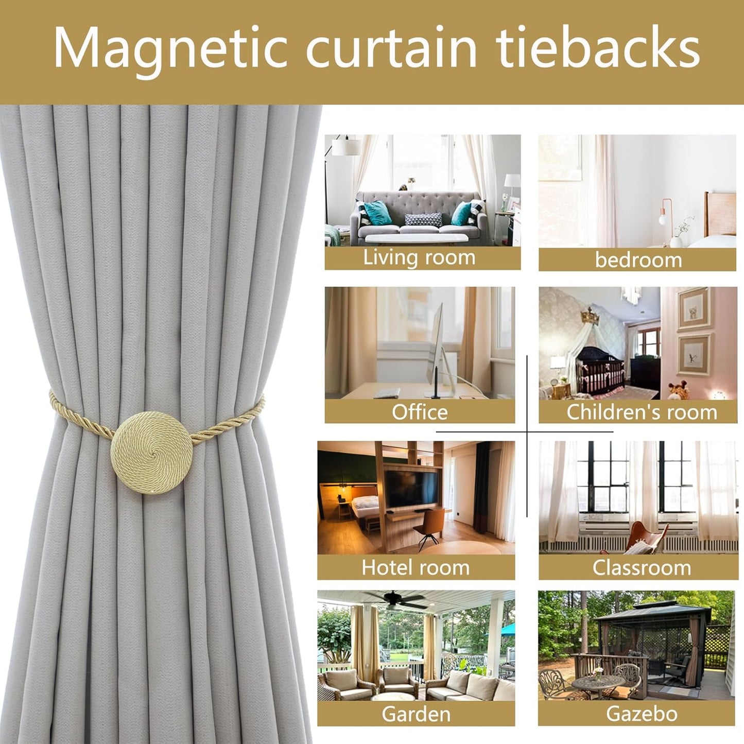 Magnetic Curtain Tiebacks - 12mm Magnetic Tie Backs for Curtains, Heavy Duty No Drill Curtain Holdbacks for Home/Office Windows Drapes, Elegant Gift-Ready Design 7 Colors (4, Gold)