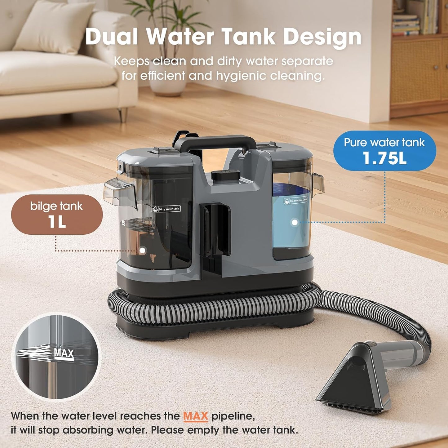 Upholstery Cleaner Machine - 13.5Kpa Suction Couch Cleaner Machine, Handheld Portable Carpet Cleaner with Self-Cleaning and 450W Motor for Pet Stain, Couch, Stair, Car and Area Rug (Grey)