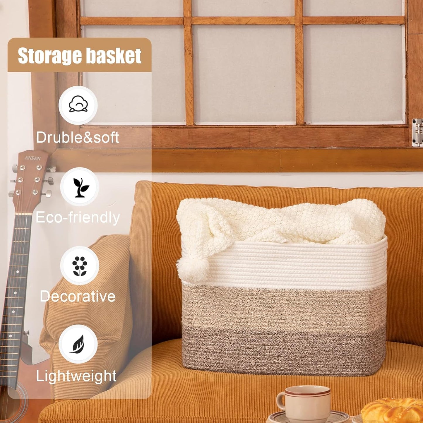 Storage Baskets for Organizing, 2 Pack Woven Basket for Storage, Rectangle Baskets for Shelves Closet Organizers, Toy Basket for Nursery Storage Living Room, Laundry Room, Bedroom (Gradient Brown)