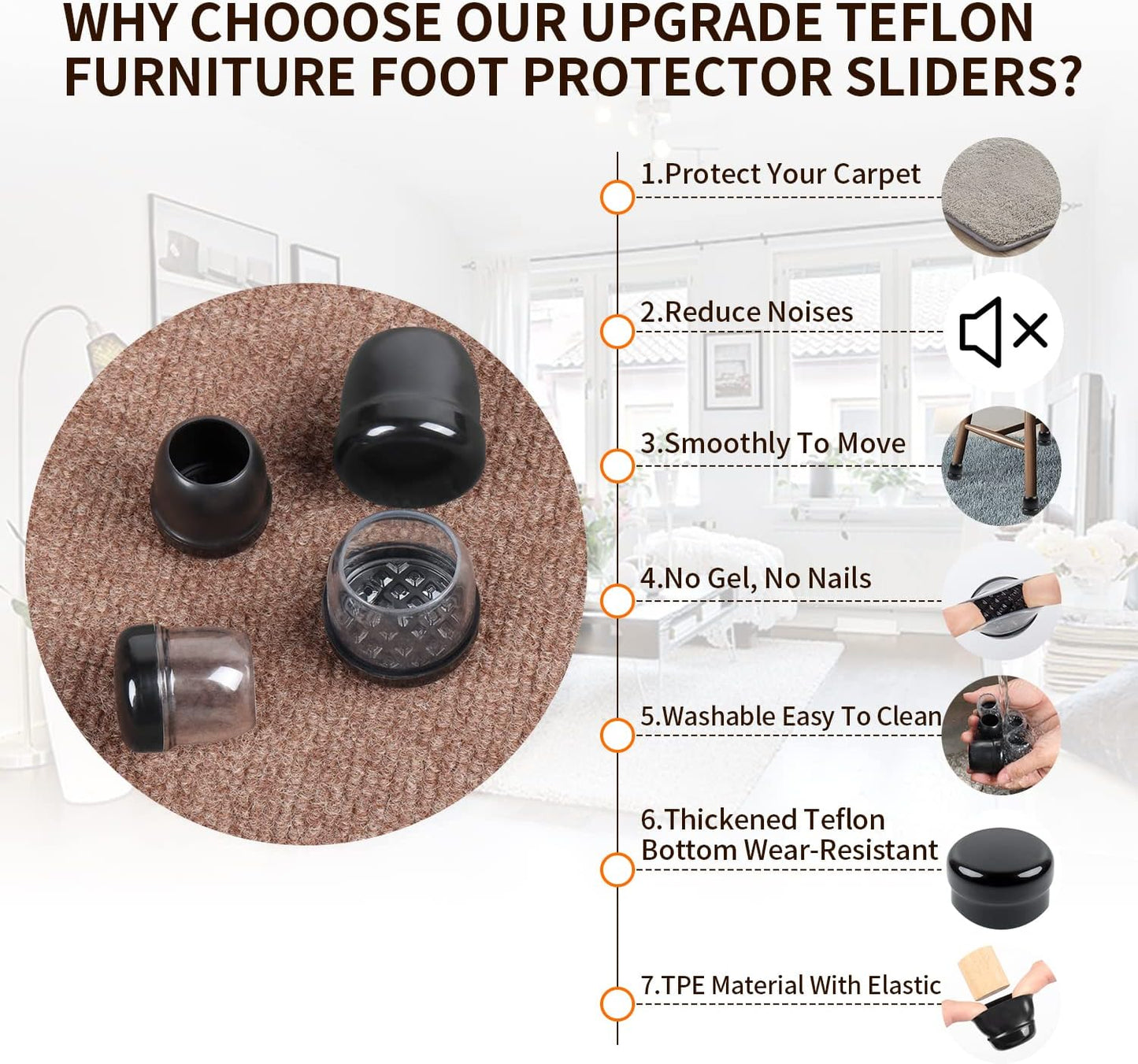 Ezprotekt 24 Pcs Clear Chair Leg Sliders for Carpet, Round Teflon Furniture Glides for Rug, Carpet Sliders Protectors Caps to Slide Smooth for Dining Table Chair, Bar Stool Legs (M Fit: 7/8" to 1")