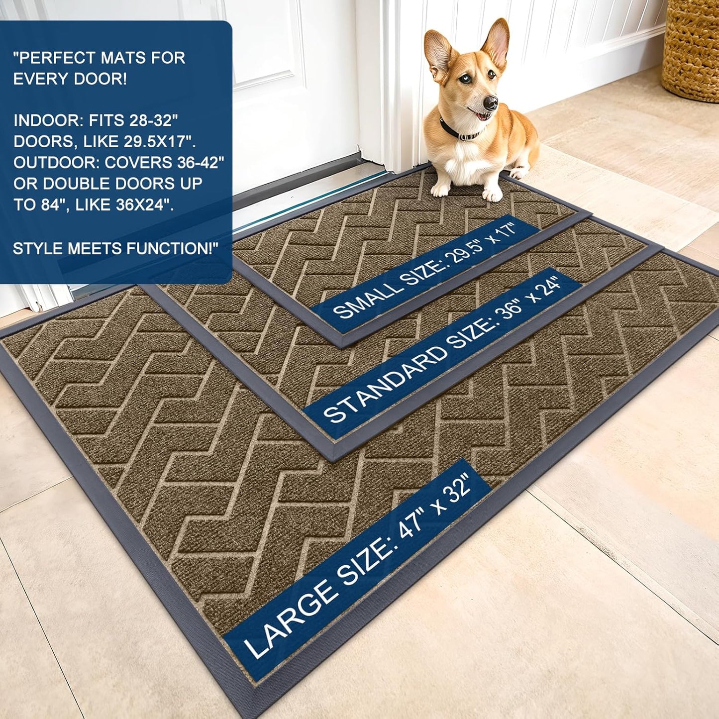 OLANLY Front Door Mat Indoor Outdoor Entrance, Waterproof All-Season, All-Weather Doormat, Sturdy Natural Rubber, Low Profile, Easy Clean Patio Porch Entryway Mat, Herringbone Brick (Brown, 36x24)
