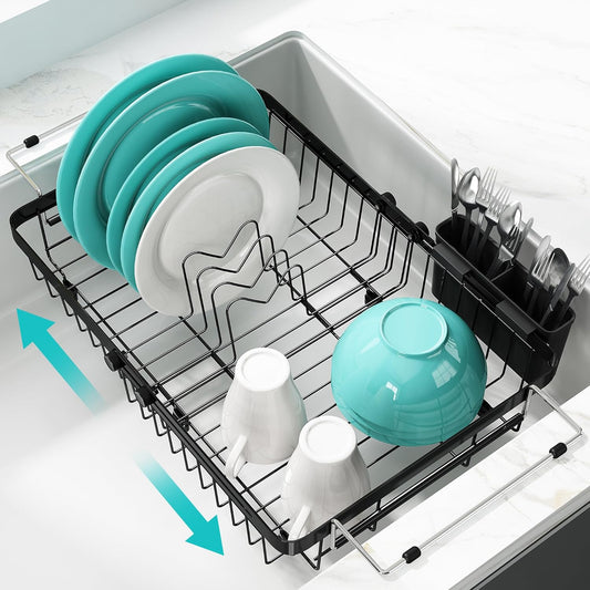 Small Expandable Over The Sink Dish Drainer Drying Rack In Stainless Steel Metal For Kitchen, Counter Space Saving Black Compact Above Plate Dryer Strainer, Adjustable Hanging Inside Sink Drain Holder
