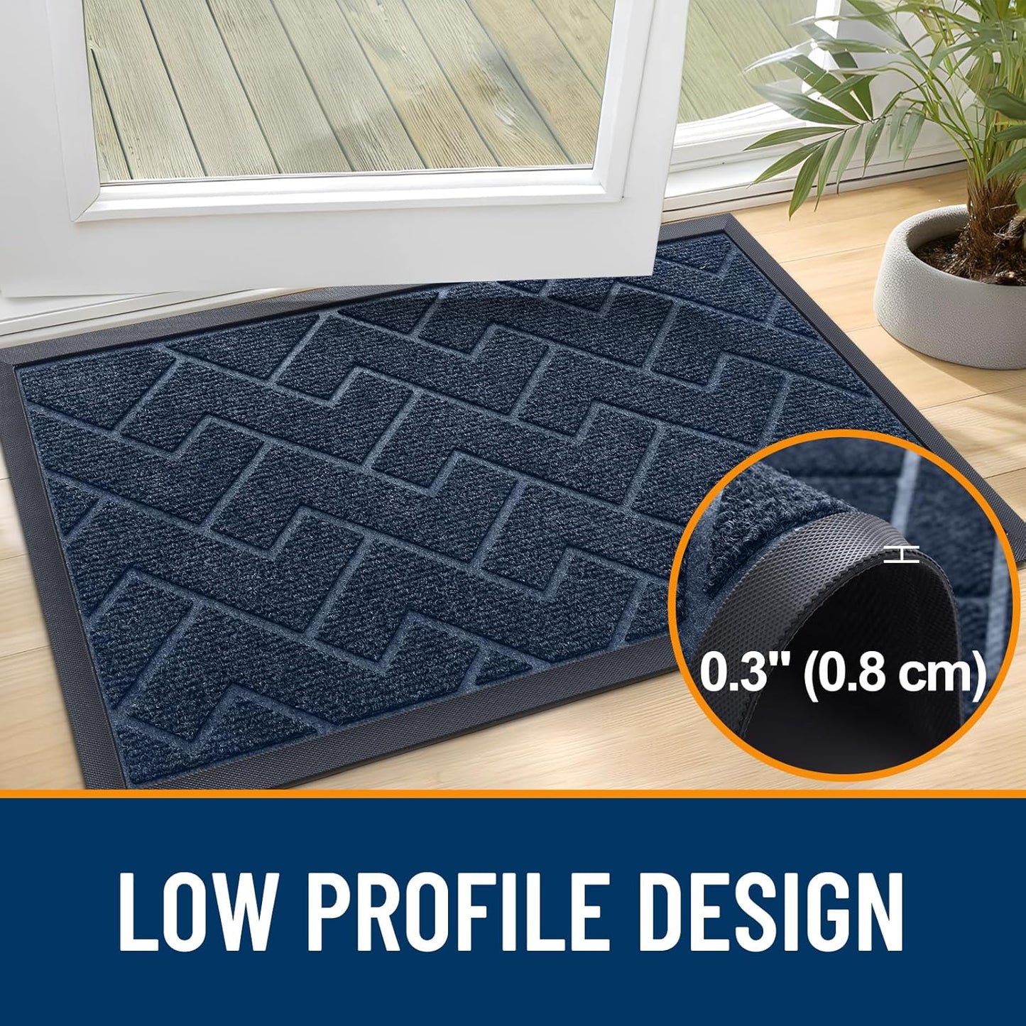 OLANLY Front Door Mat Indoor Outdoor Entrance, Waterproof All-Season, All-Weather Doormat, Sturdy Natural Rubber, Low Profile, Easy Clean Patio Porch Entryway Mat, Herringbone Brick (Blue, 29.5x17)