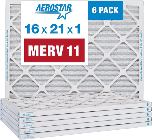 Aerostar 16x21x1 MERV 11 Pleated Air Filter, AC Furnace Air Filter, 6 Pack (Actual Size: 15 7/8" x 20 7/8" x 3/4")