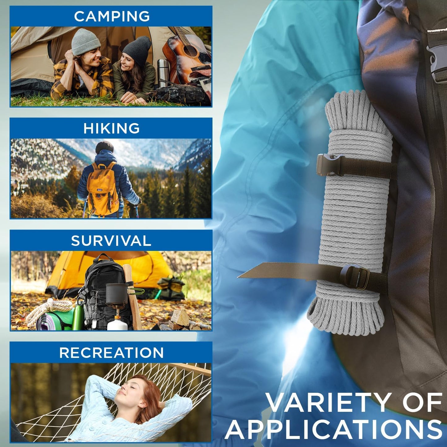 TECEUM Cotton Rope 3/16” (5 mm) – 50 FT – Strong All-Purpose Braided Rope – Natural Cotton – for Crafting, Сamping, Clothes Line, DIY, Indoor & Outdoor Use – Light Gray