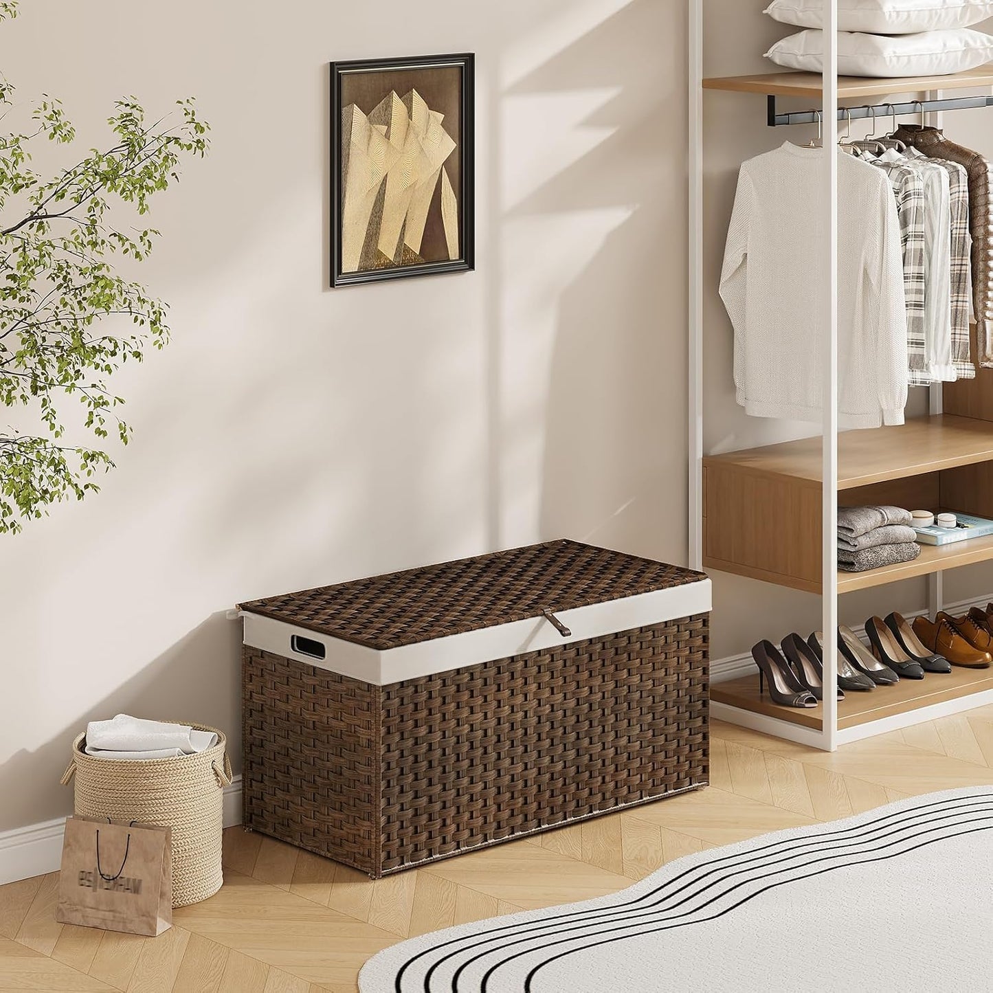 HOOBRO Storage Basket with Lid, 52.8 Gallon (200L) Wicker Basket, Handwoven Blanket Storage Basket with Handles, Metal Frame and Soft Lining, Foldable for Bedroom, Laundry Room, Brown BR220CW01