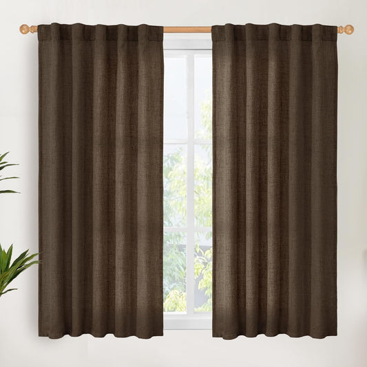 YoungsTex Brown Linen Curtains 48 Inches Long for Short Window, Light Filtering Drapes Privacy with Rod Pocket Back Tab for Bathroom Kitchen Window, 2 Panels, 42 X 48 Inch