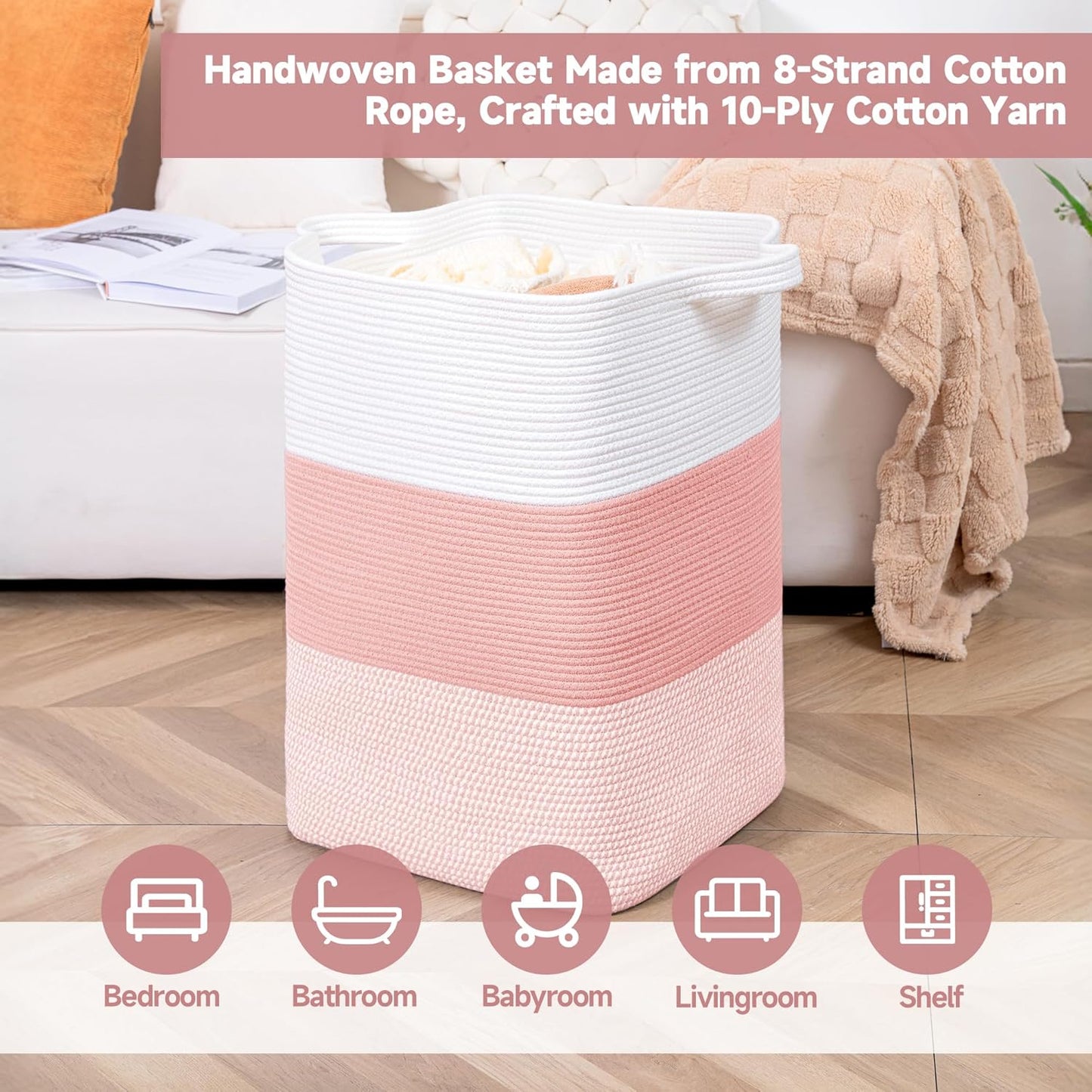 CLHMILY&Z 95L Laundry Basket Rectangular Pink Rope - 16x15x24 Inches - Dirty Clothes and Soft Storage Bin for Blankets, Toys, and Nursery Essentials