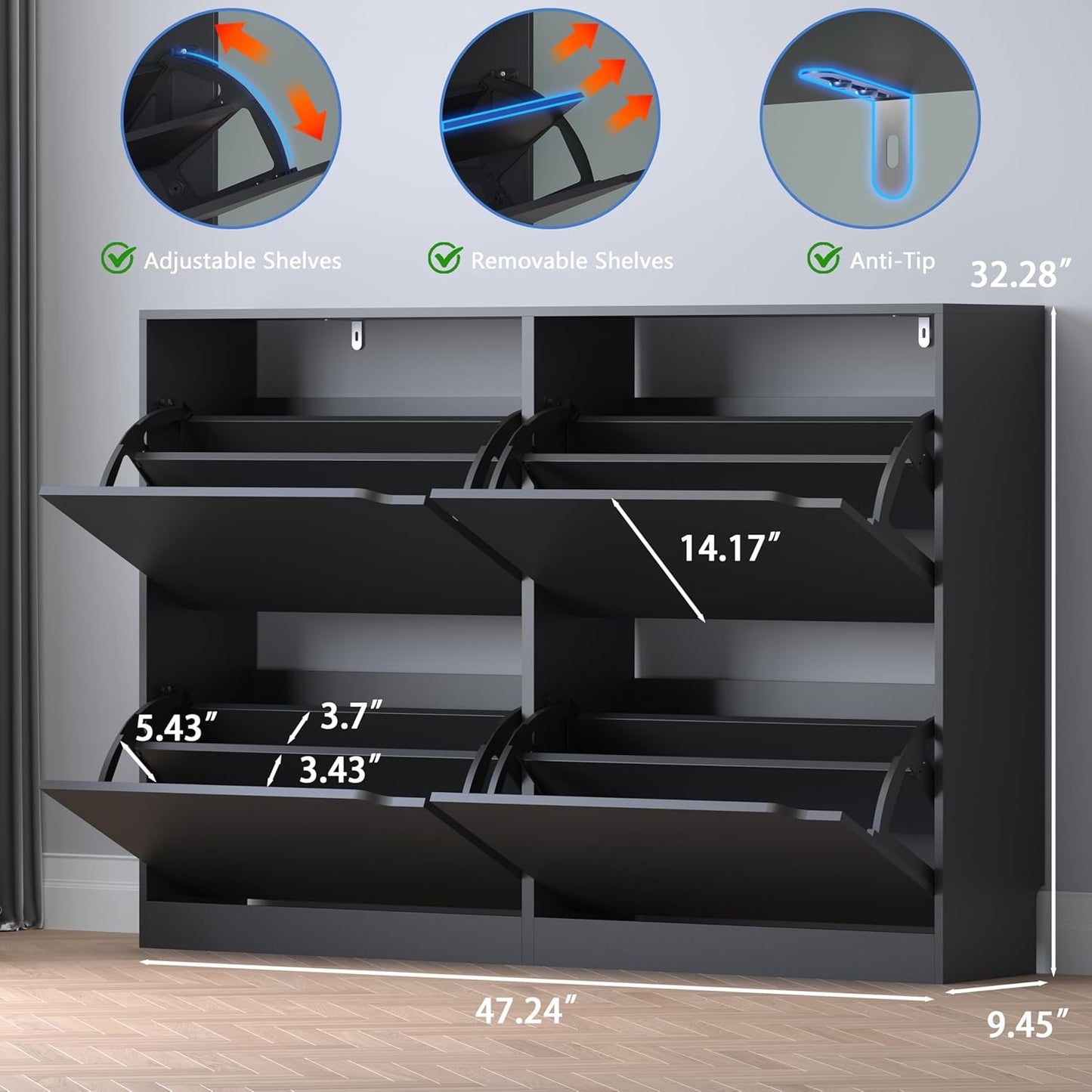 Shoe Cabinet with 4 Flip Drawers, Narrow Hidden Shoe Storage Cabinet, Slim Freestanding Shoe Rack Organizer for Entryway, Hallway, Bedroom, Living Room