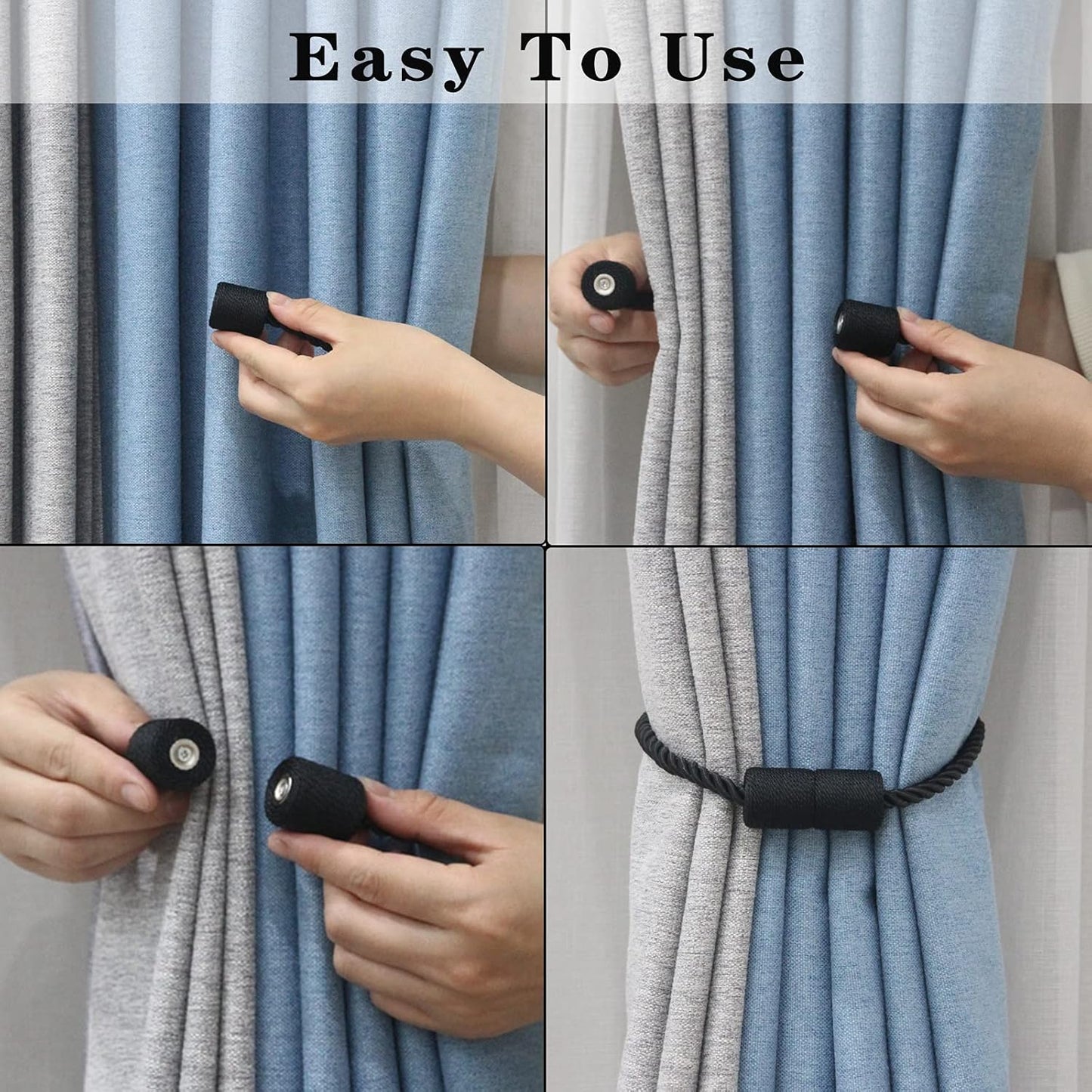 4 Pack Strong Magnetic Curtain Tiebacks Outdoor Elegant Decorative Tie Backs Modern Rope Tiebacks for Drapes Window Curtain Holdbacks for Draperies- Black