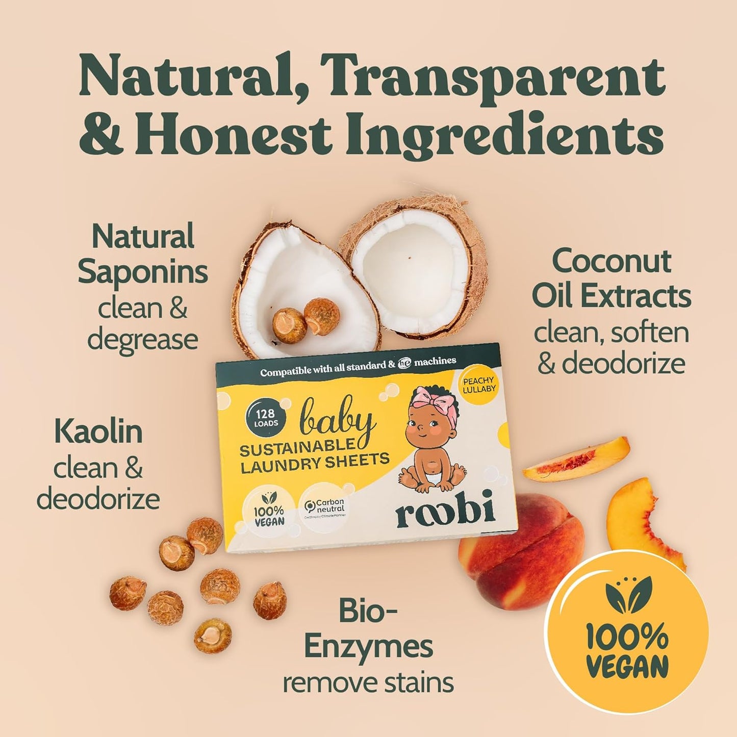 Roobi Baby Laundry Detergent Sheets. Specially Formulated for Sensitive Skin. Newborns, Infants & Toddlers Clothes. Peachy Lullaby Scent. Up to 128 Loads