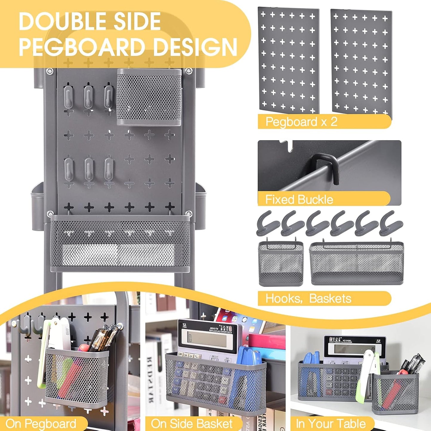 TOOLF 3-Tier Rolling Cart, Metal Utility Storage Cart with DIY Pegboards, Art Craft Trolley with Baskets Hooks, Serving Organizer Easy Assemble for Office, Home, Kitchen, Classroom (Grey)